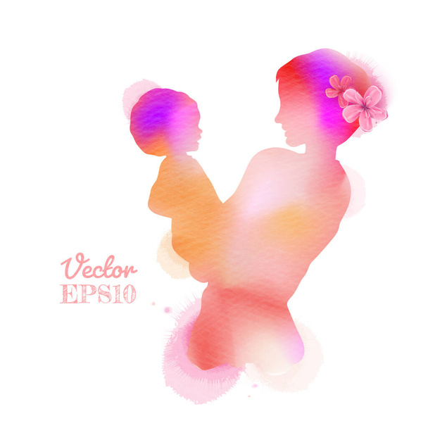 Happy mother's day. Side view of Happy mom with her daughters silhouette plus abstract watercolor painted.Double exposure illustration. Digital art painting. Vector illustration - Vector, Image