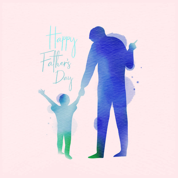 Boldog apák napját. Boldog család fia tartja apa kezét sziluett plusz absztrakt akvarell festett.Dupla expozíció illusztráció. Digitális festmény. Vektorillusztráció. - Vektor, kép