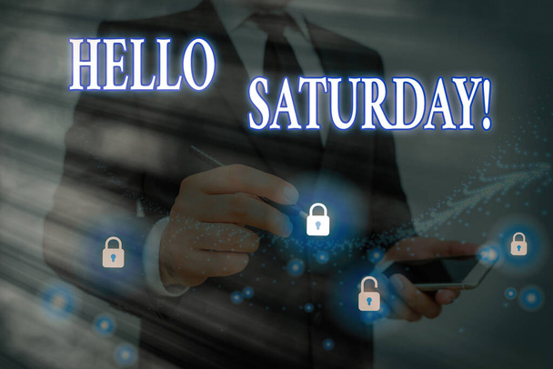 Conceptual hand writing showing Hello Saturday. Business photo text a positive message expressed during the start of the weekend. - Photo, Image