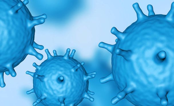 Ilustracja komórek wirusa lub cząsteczki bakterii pod mikroskopem. Streszczenie 3d ilustracji komórek wirusa korony.Patogen grypy oddechowej. Latające komórki wirusa Covid - Zdjęcie, obraz