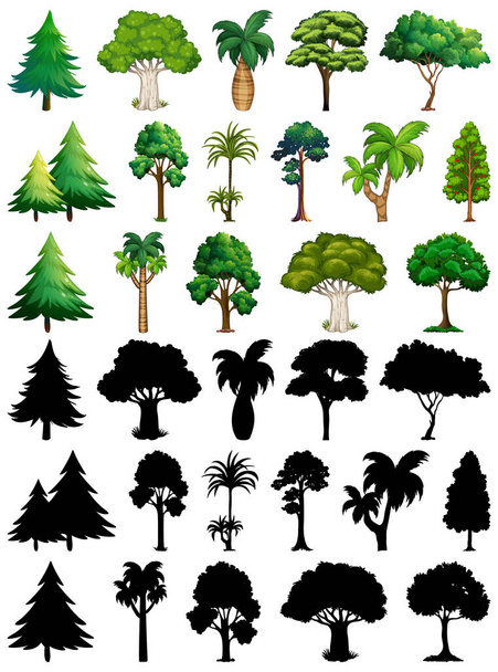 Conjunto de planta y árbol con su silueta ilustración - Vector, imagen
