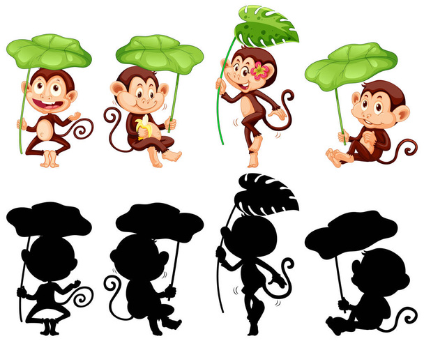 猿の葉とシルエットのイラストのセット - ベクター画像