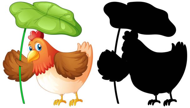 Set of chicken holding leaf and its silhouette illustration - Vector, Image