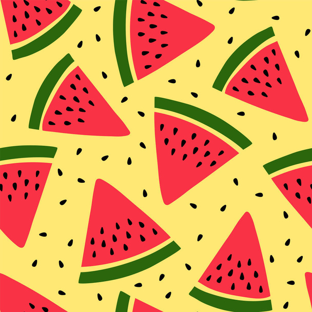 Watermelon seamless pattern. Hand drawn fresh berry slice. Vector sketch background. Red and green print for kitchen tablecloth, curtain or dishcloth. Fashion design - Vector, Image