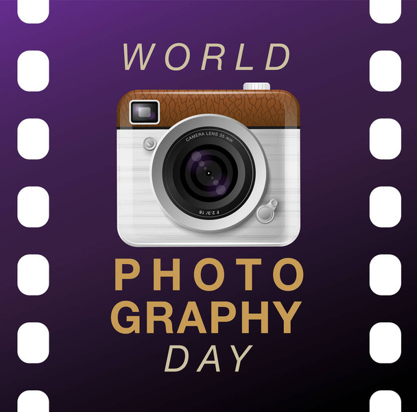 世界の写真の日、ベクトル、バナーテンプレートのデザイン、ロゴ、タイポグラフィ、ヴィンテージカメラ、 3D - ベクター画像
