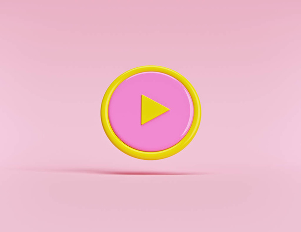 χαριτωμένο στρογγυλό κουμπί play απομονώνονται σε παστέλ φόντο. Έννοια του βίντεο, αναπαραγωγή ήχου. 3d απόδοση - Φωτογραφία, εικόνα