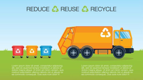 Sanitary vehicle garbage front loader truck. Waste management concept with place for text. Containers for recycle garbage. Separation of trash for recycling. Blue sky and green grass background Vector - Vector, Image