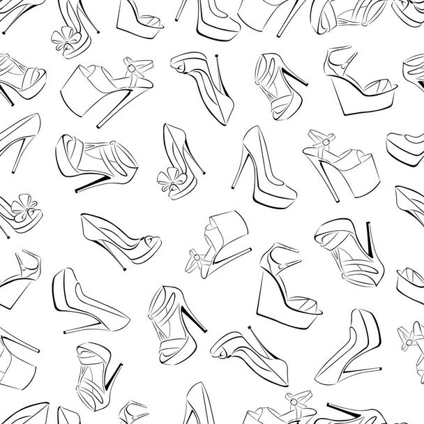 Nahtloses Muster aus Schuhen, hochhackigen Sandalen und Plateau. Design kann für Tapeten, Textilien, Stoffe, Packpapier, Druck auf Kleidung, Formulare für Schuhgeschäfte verwendet werden. Isolierter Vektor - Vektor, Bild