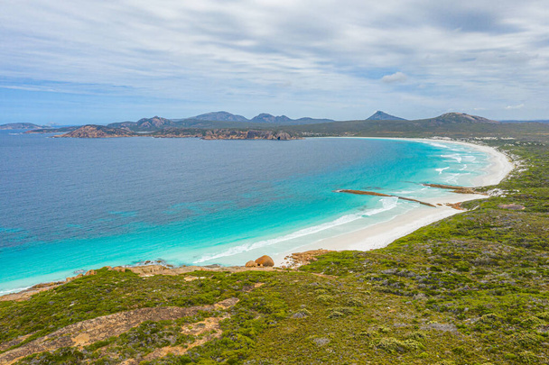 Aerial view of Lucky bay near Esperance viewed during a cloudy day, Australia - Photo, Image