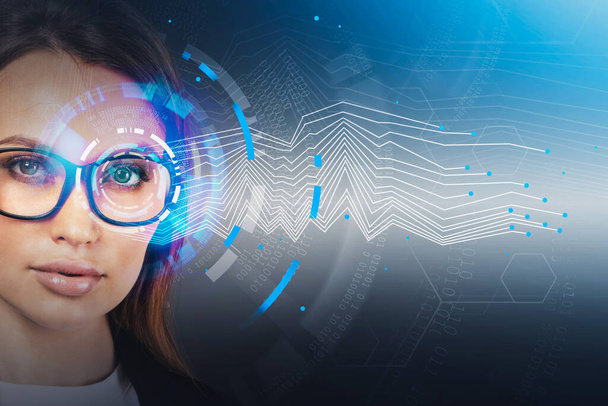 Close up portrait of young businesswoman in glasses with double exposure of blurry artificial intelligence interface. Concept of hi tech. Toned image - Фото, изображение