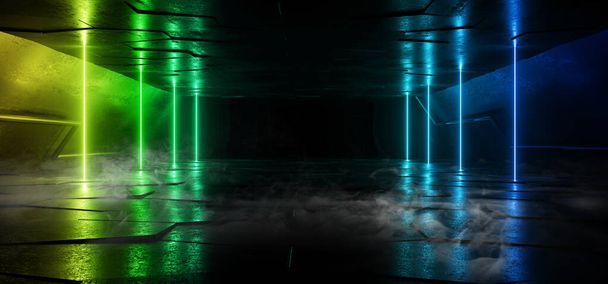 Savusumu Neon hehkuva laser vihreä sininen palkit pilarit betoni GRunge laatoitettu lattia ulkomaalainen avaruusalus Cyber tunneli käytävä tumma yö varasto 3D Renderöinti kuvitus - Valokuva, kuva