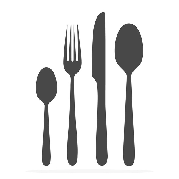 Silhouette nera di forchetta, coltello e cucchiaio set di icone vettoriali. posate isolate su fondo bianco
 - Vettoriali, immagini