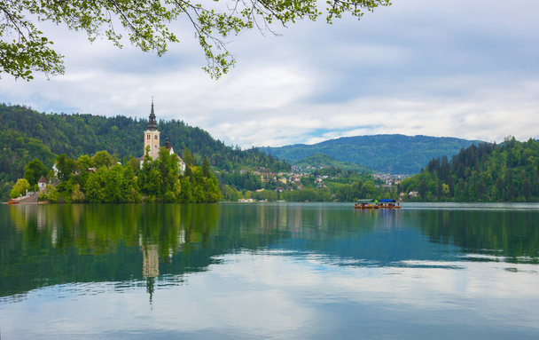 Bella mattina al lago di Bled e Alpi Giulie sullo sfondo. L'isola del lago e l'incantevole chiesetta dedicata all'Assunzione di Maria sono famose attrazioni turistiche in Slovenia - Foto, immagini