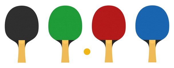 Ένα σετ ρακέτες για να παίζεις πινγκ-πονγκ. Κόκκινο, μαύρο, πράσινο και μπλε. Απομονωμένο σε λευκό φόντο. εικονογράφηση διανύσματος - Διάνυσμα, εικόνα