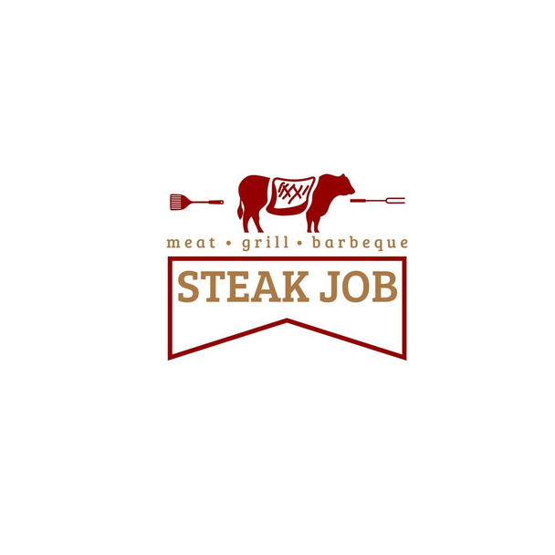 Ravintolan logo lehmällä ja grillattua lihaa, haarukka, lastalla ja nauha eristetty valkoinen tausta puku pihvi ravintola identiteetti ja logo - Vektori, kuva