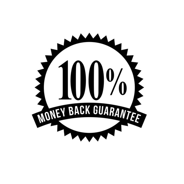 Icon marca selo sinal ilustração mostrando 100% dinheiro de volta garantia selo, roseta ou crachá em fundo isolado feito em estilo preto e branco retro
. - Vetor, Imagem