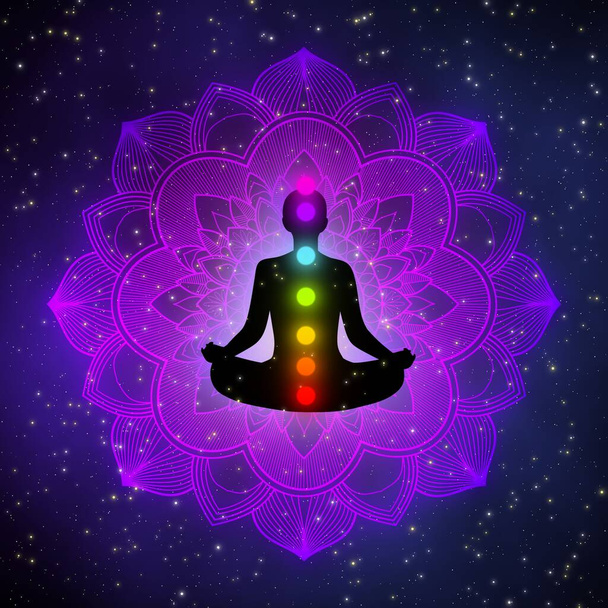 Homem de meditação com aura, sete chakras, e mandala brilho no fundo conceito de ilustração galáxia design
. - Foto, Imagem