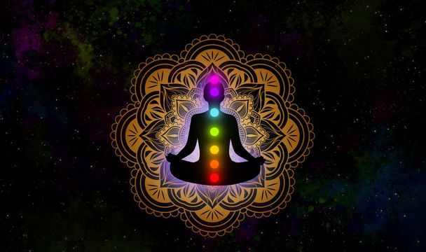 Медитационный человек с аурой, семью чакрами и светящейся мандалой на фоне концепции дизайна галактики
. - Фото, изображение