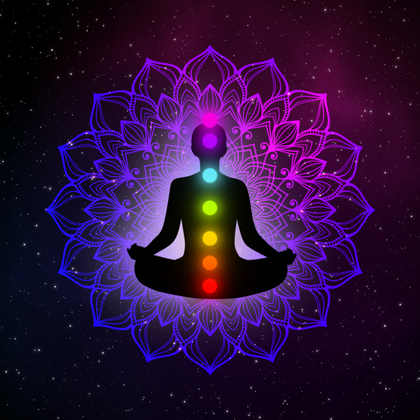 Abstrakte Meditation Mann mit Chakren und goldenem Mandala in der Galaxie Illustration Design Hintergrund. - Foto, Bild