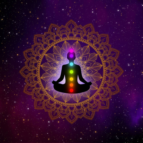 Homem meditação abstrata com sete chakras e mandala de luxo na galáxia ilustração design fundo
. - Foto, Imagem