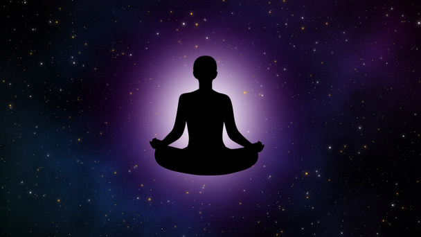 Siluetti meditaatio mies täynnä sisäistä voimaa ja kaunis maailmankaikkeus taustalla. - Valokuva, kuva