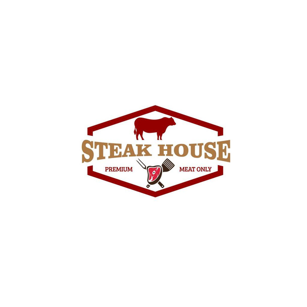 Vector illustration of restaurant logo with curved text, cow silhouette, sliced meat, fork and knife in hexagon frame isolated on white background perfect for restaurant logo template - Vector, Image