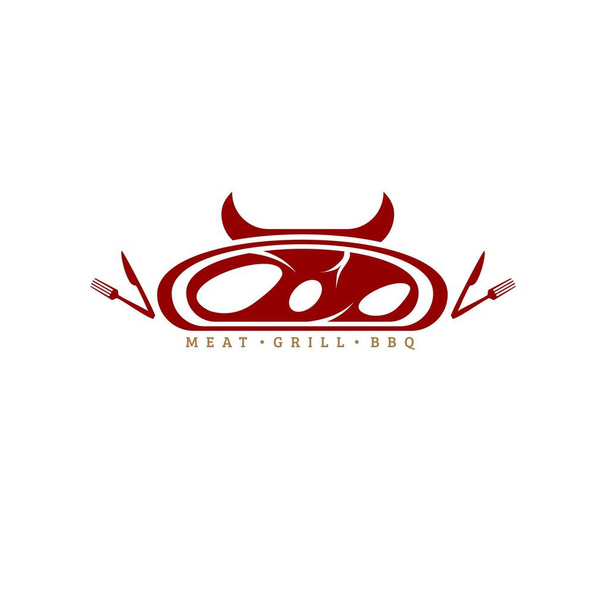 Illustration vectorielle de viande tranchée rouge, fourchette et couteau avec texte simple isolé sur fond blanc parfait pour le modèle de logo du restaurant - Vecteur, image