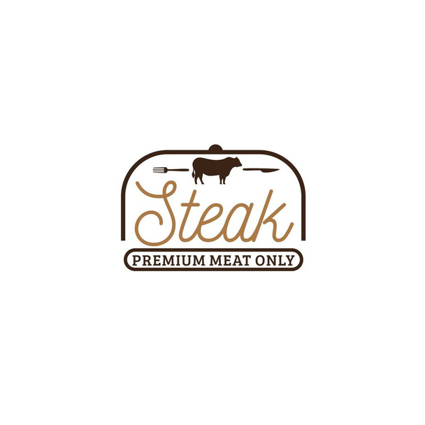 Logo restauracji stek wektor z odręcznym tekstem, sylwetka krowy, nóż i widelec izolowane na białym tle garnitur dla oryginalnego smaku stek restauracja logo - Wektor, obraz