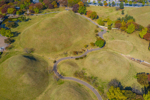 Aerial view of Tumuli park containing several royal tombs in Gyeongju, Republic of Korea - Photo, image
