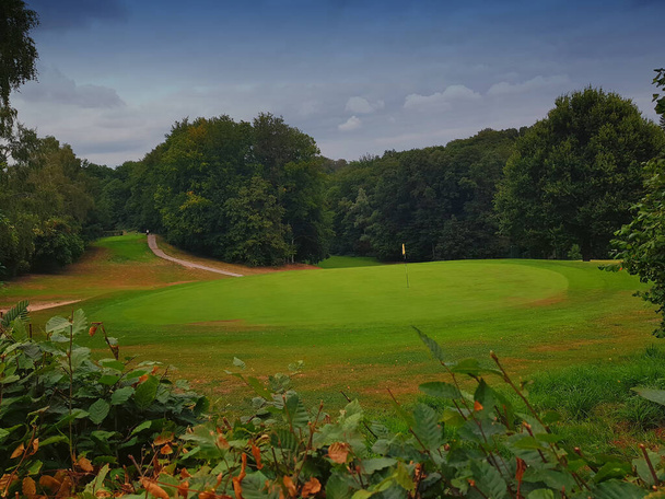 Tolle Aussicht auf den schönen Golfplatz mit Sandbunker und roter Fahne. - Foto, Bild