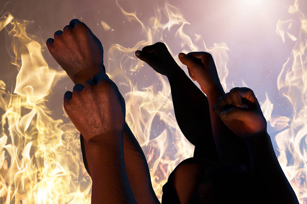 eine Menge protestierender Menschen. Black Lives Matter. in einer brennenden Stadt 3D-Rendering - Foto, Bild