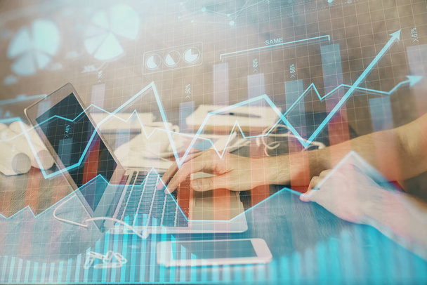 Double exposure of forex chart with man working on computer on background. Concept of market analysis. - Foto, Imagem