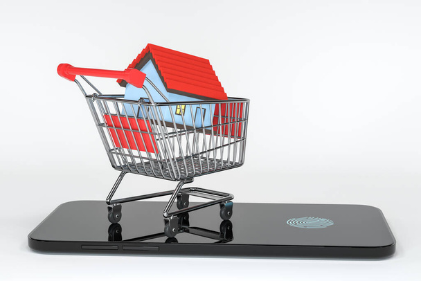 Carro de la compra con la casa roja en él, concepto de la casa de la compra, representación 3d. Dibujo digital informático
. - Foto, imagen