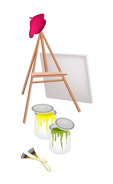 Latas de caballete y pintura con pincel y boina
 - Vector, imagen