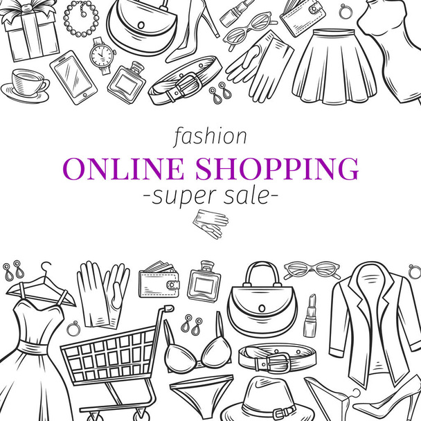 Fashion Online Shop Page Template Design. Dress, Lipstick, Perfume, Cart, Shoe, Clothing, Purse, Gift, Hat Watches and Glasses in Hand Drawn Style Vector Illustration - Vektor, kép