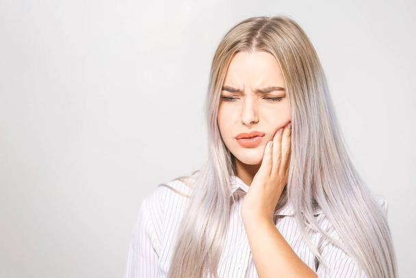 Teeth Problem. Woman Feeling Tooth Pain. Closeup Of Beautiful Sad Girl Suffering From Strong Tooth Pain. Attractive Female Feeling Painful Toothache. Dental Health And Care Concept. High Resolution - Foto, Bild