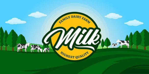 Vector milk illustration with round label, summer rural landscape and holstein cows and calves for dairy products packaging, branding and advertisment - Vector, Image