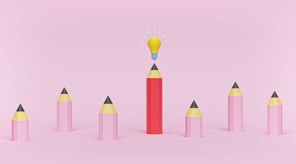 lápis vermelho e lâmpada se destacam de muitos lápis rosa. design conceitual criativo. conceito de ideia diferente e única. Renderização 3d
 - Foto, Imagem
