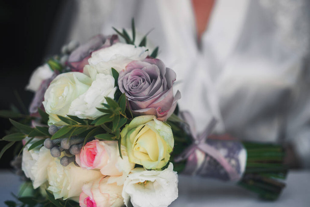 close up of beautiful bridal bouquet on background. wedding accessories - Photo, Image
