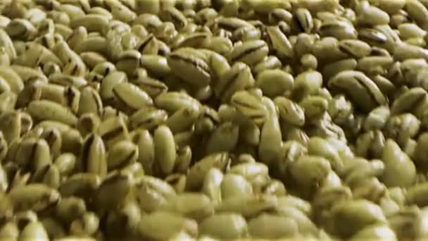 Primer plano de los granos de café sin tostar fondo. Imágenes de archivo. Una pila de muchas semillas de café etíopes verdes sin tostar para la preparación de bebidas
. - Imágenes, Vídeo