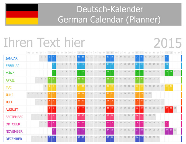 2015 German Planner Calendar with Horizontal Months - Vector, Image