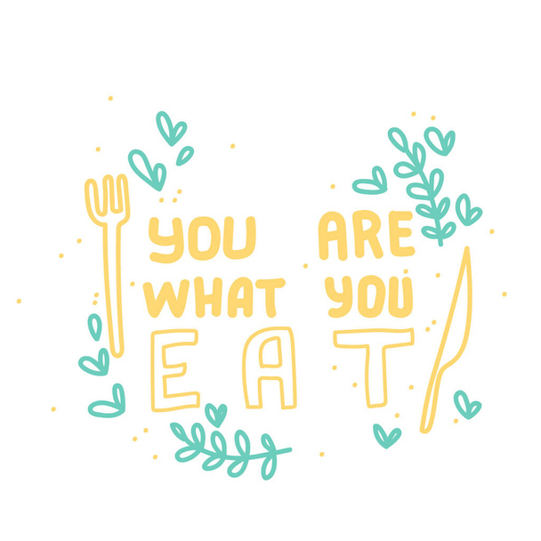 You are what you eat. Hand drawn vegetable elements. Vector elements for labels, logos, badges, stickers or icons. Lettering - Wektor, obraz