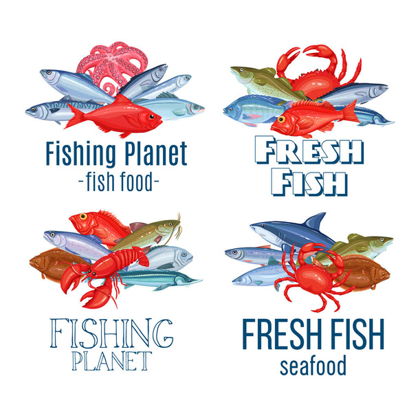 Set vector banners fish. Seafood labels design with salmon, anchovy, codfish, sea bass, ocean perch and sardine. Icon mackerel, herring, dorado, tuna, halibut, tilapia and trout. - Вектор,изображение