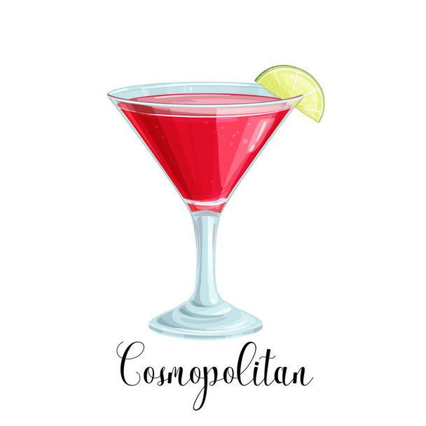 Vector glass of Cosmopolitan cocktail with lime slice isolated on white. Color illustration summer alcohol drink. - Διάνυσμα, εικόνα