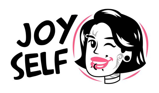 Logo-Mädchen mit Frisur-Tätowierung und piercing joy self schwarz und pink - Vektor, Bild