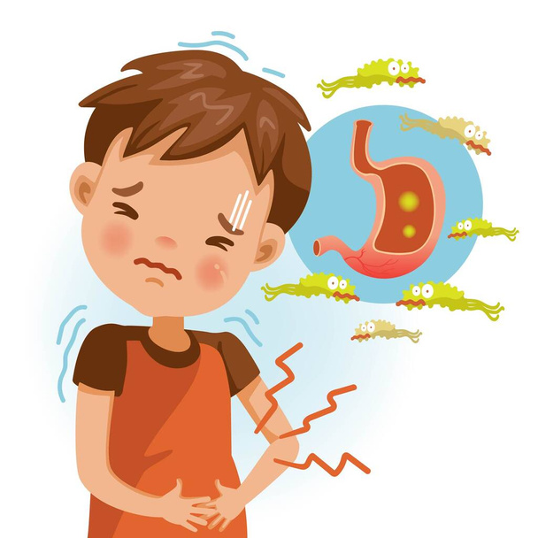 Çocuk mide ağrısı, reflü, mide ekşimesi, gaz, şişkinlik, geğirme ve gaz hastalığından muzdarip. Gastrointestinal viral enfeksiyonlardan kaynaklanıyor. Gastrointestinal sistem hastalığı.  - Vektör, Görsel