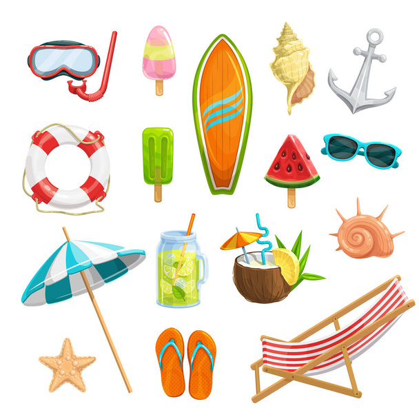 Vector set summer icons. Mask for diving, watermelon, surfboard, shells, starfish, beach umbrella, flip flops, frozen juice, lemonade, life ring and anchor. Beach chair and cocktail pina colada - Vector, afbeelding