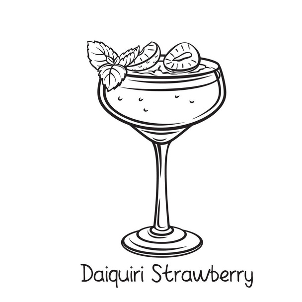 Vector glass of strawberry daiquiri cocktail in retro hand drawn style. Retro illustration summer alcohol drink. - Vector, Imagen