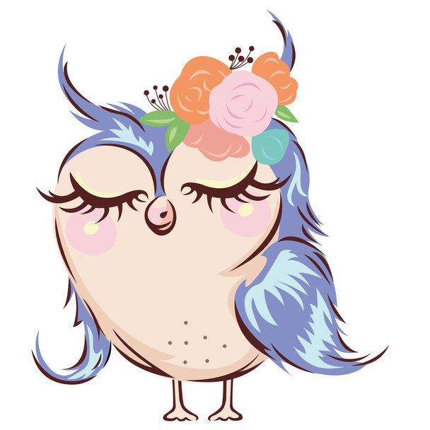 Owl with closed eyes with happiness. Cartoon cute postcard sleeping owl girl with blue hair and flowers. Can be used for children's book, album, animation, logo, t-shirt printing. Isolated vector - Διάνυσμα, εικόνα