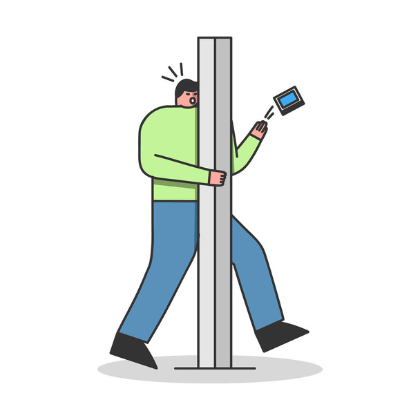 Man with phone bumping road pillar texting or surfing internet on smartphone. Phone addiction - Vector, Image
